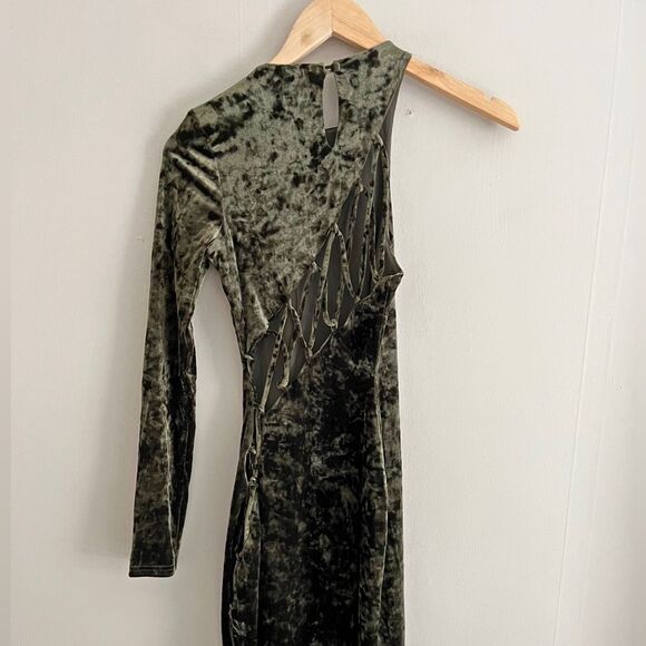CAMILA COELHO Green Velvet One Shoulder Cutout Lace-Up Maxi Gown party dress XS - Picture 5 of 14